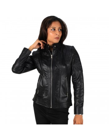 Laverapelle Women's Genuine Lambskin Round Collar Leather Racer Jacket