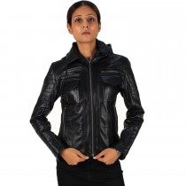 Laverapelle Women's Genuine Lambskin Racer Leather Jacket with Removable Hood