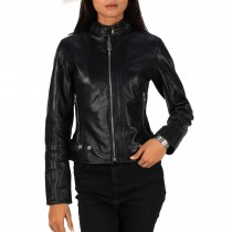 Laverapelle Women's Genuine Lambskin Round Collar Leather Biker Jacket
