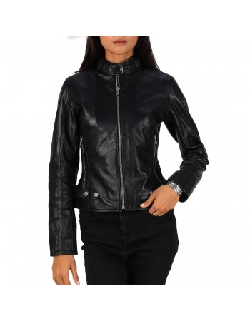 Laverapelle Women's Genuine Lambskin Round Collar Leather Biker Jacket