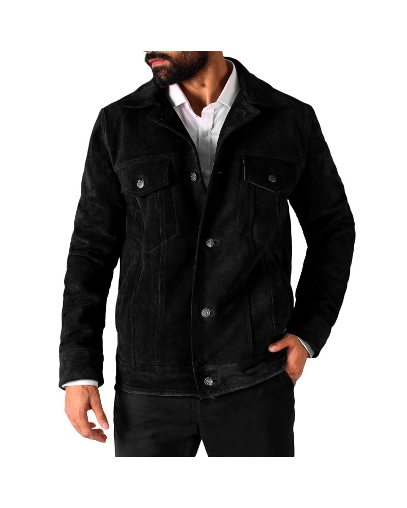Laverapelle Men’s Trucker Cow Suede Leather Jacket (Black, Blazer Jacket) - 2501003