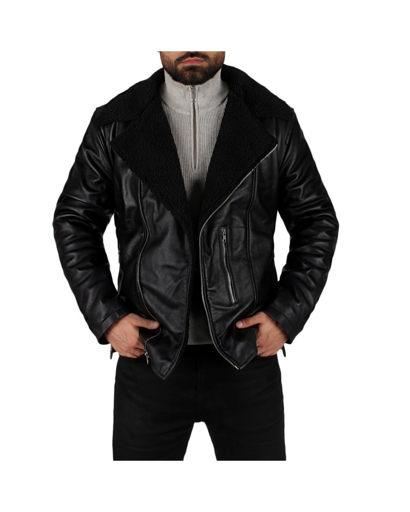 Laverapelle Men’s Biker Style Shearling Lambskin Leather Jacket (Black, Double Rider Jacket) - 2501005