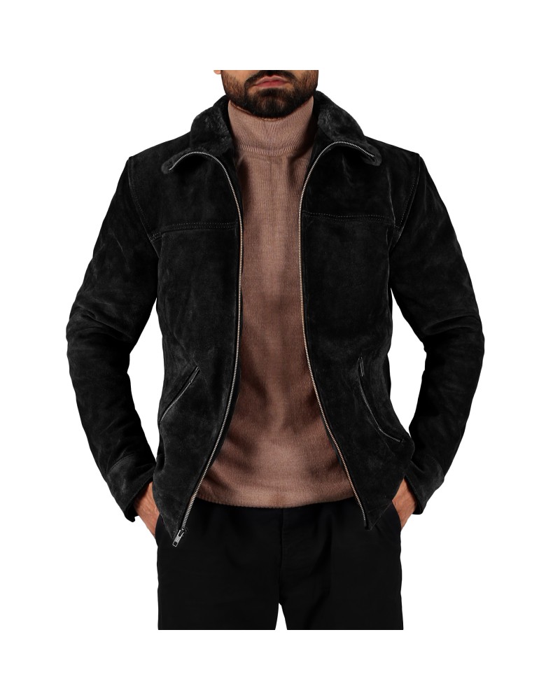 Laverapelle Men’s Fur Collared Aviator Cow Suede Leather Jacket (Black, Aviator Jacket) - 2501006