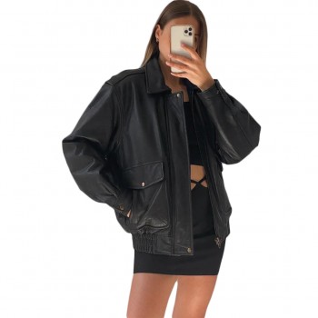 Laverapelle Women's Genuine Lambskin Oversized Bomber Leather Jacket (Black, Bomber Jacket) - 2621002