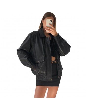Laverapelle Women's Genuine Lambskin Oversized Bomber Leather Jacket (Black, Bomber Jacket) - 2621002