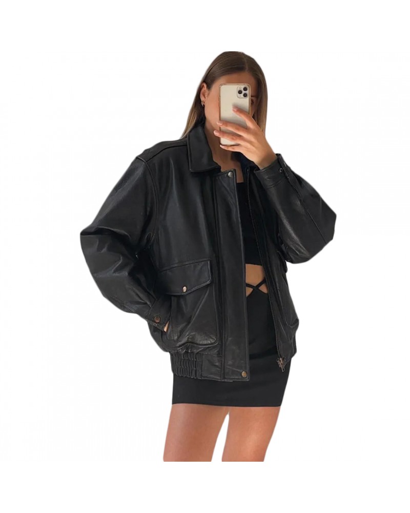 Laverapelle Women's Genuine Lambskin Oversized Bomber Leather Jacket (Black, Bomber Jacket) - 2621002