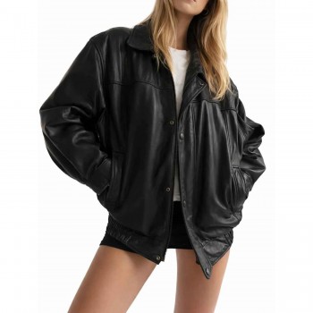 Laverapelle Women's Genuine Lambskin Oversized Bomber Leather Jacket (Black, Bomber Jacket) - 2621004