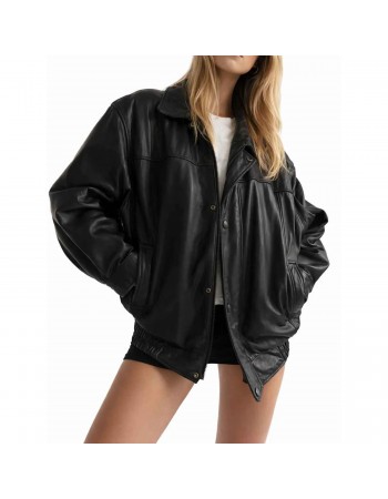 Laverapelle Women's Genuine Lambskin Oversized Bomber Leather Jacket (Black, Bomber Jacket) - 2621004