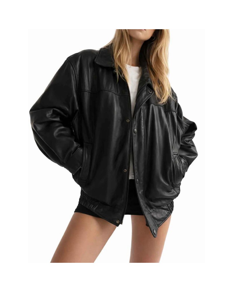Laverapelle Women's Genuine Lambskin Oversized Bomber Leather Jacket (Black, Bomber Jacket) - 2621004